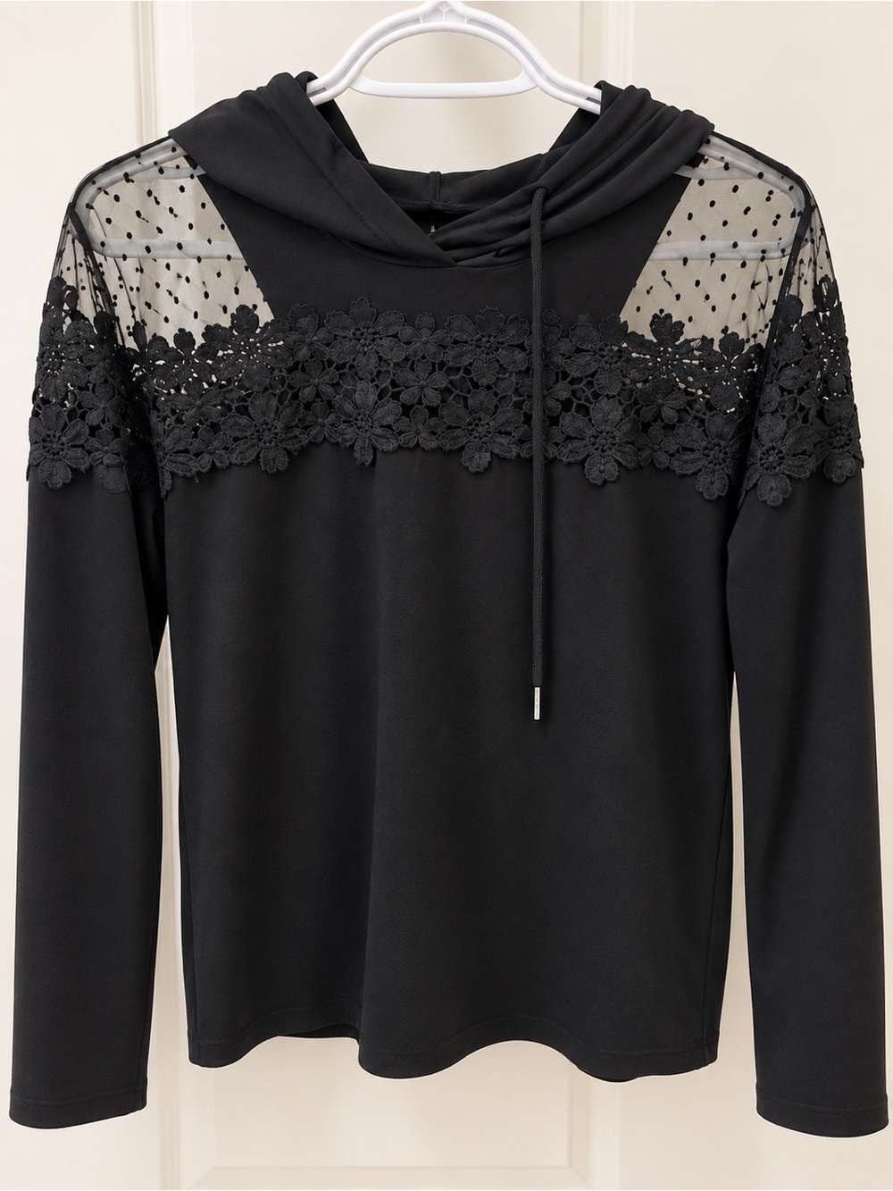 Black Lace Mesh Hooded Long Sleeve Top Sheer Floral Gothic Romantic